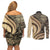 Hawaiian Hibiscus Tribal Vintage Motif Couples Matching Off Shoulder Short Dress and Long Sleeve Button Shirt Ver 2