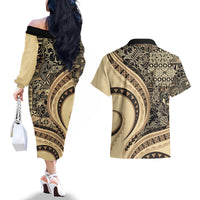 Hawaiian Hibiscus Tribal Vintage Motif Couples Matching Off The Shoulder Long Sleeve Dress and Hawaiian Shirt Ver 2 LT9 - Polynesian Pride