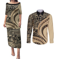 Hawaiian Hibiscus Tribal Vintage Motif Couples Matching Puletasi and Long Sleeve Button Shirt Ver 2