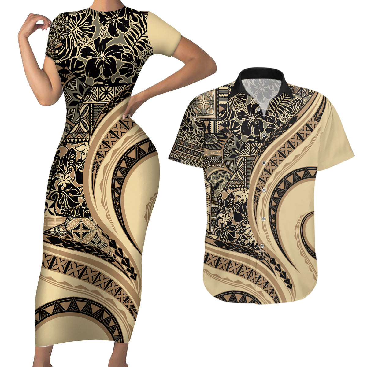 Hawaiian Hibiscus Tribal Vintage Motif Couples Matching Short Sleeve Bodycon Dress and Hawaiian Shirt Ver 2 LT9 Beige - Polynesian Pride