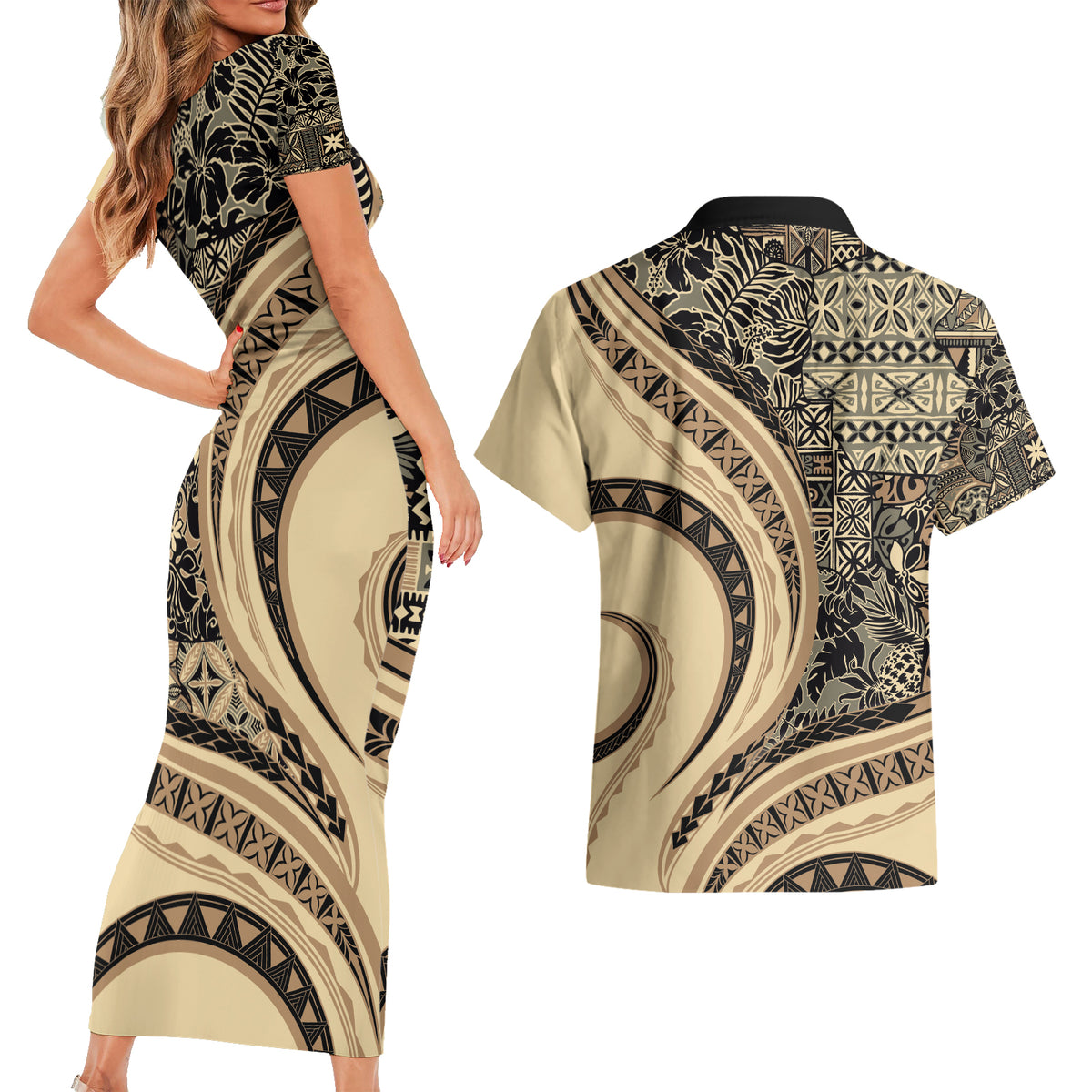 Hawaiian Hibiscus Tribal Vintage Motif Couples Matching Short Sleeve Bodycon Dress and Hawaiian Shirt Ver 2 LT9 - Polynesian Pride