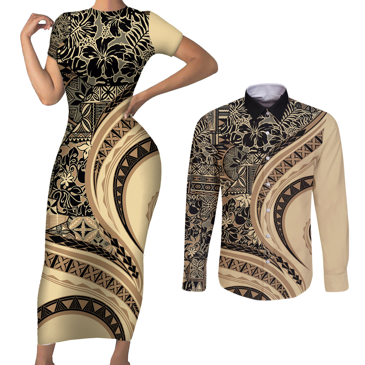 Hawaiian Hibiscus Tribal Vintage Motif Couples Matching Short Sleeve Bodycon Dress and Long Sleeve Button Shirt Ver 2 LT9 Beige - Polynesian Pride