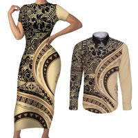 Hawaiian Hibiscus Tribal Vintage Motif Couples Matching Short Sleeve Bodycon Dress and Long Sleeve Button Shirt Ver 2 LT9 Beige - Polynesian Pride