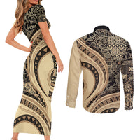 Hawaiian Hibiscus Tribal Vintage Motif Couples Matching Short Sleeve Bodycon Dress and Long Sleeve Button Shirt Ver 2 LT9 - Polynesian Pride