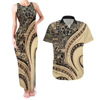 Hawaiian Hibiscus Tribal Vintage Motif Couples Matching Tank Maxi Dress and Hawaiian Shirt Ver 2 LT9 Beige - Polynesian Pride