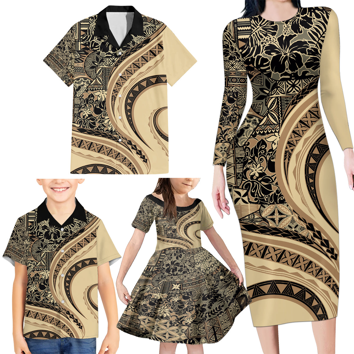 Hawaiian Hibiscus Tribal Vintage Motif Family Matching Long Sleeve Bodycon Dress and Hawaiian Shirt Ver 2 LT9 - Polynesian Pride