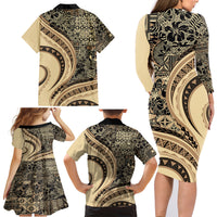 Hawaiian Hibiscus Tribal Vintage Motif Family Matching Long Sleeve Bodycon Dress and Hawaiian Shirt Ver 2 LT9 - Polynesian Pride