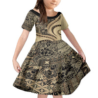 Hawaiian Hibiscus Tribal Vintage Motif Family Matching Mermaid Dress and Hawaiian Shirt Ver 2 LT9 Daughter's Dress Beige - Polynesian Pride