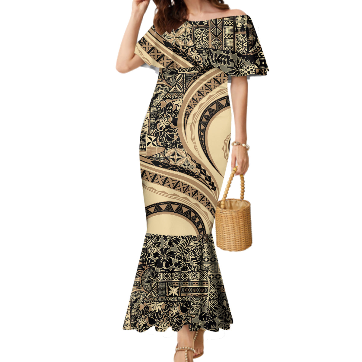 Hawaiian Hibiscus Tribal Vintage Motif Family Matching Mermaid Dress and Hawaiian Shirt Ver 2 LT9 Mom's Dress Beige - Polynesian Pride