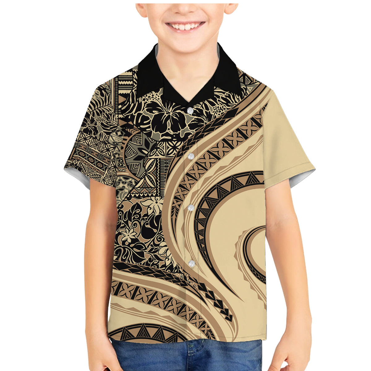 Hawaiian Hibiscus Tribal Vintage Motif Family Matching Mermaid Dress and Hawaiian Shirt Ver 2 LT9 Son's Shirt Beige - Polynesian Pride