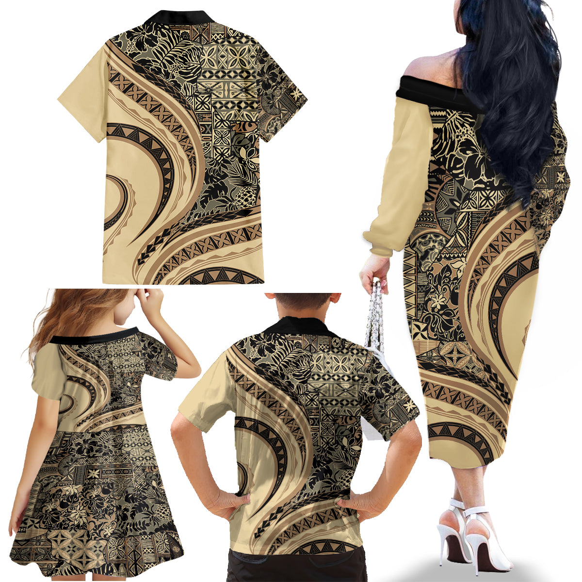 Hawaiian Hibiscus Tribal Vintage Motif Family Matching Off The Shoulder Long Sleeve Dress and Hawaiian Shirt Ver 2 LT9 - Polynesian Pride
