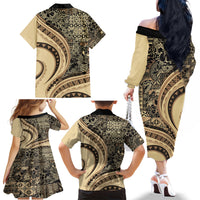 Hawaiian Hibiscus Tribal Vintage Motif Family Matching Off The Shoulder Long Sleeve Dress and Hawaiian Shirt Ver 2 LT9 - Polynesian Pride