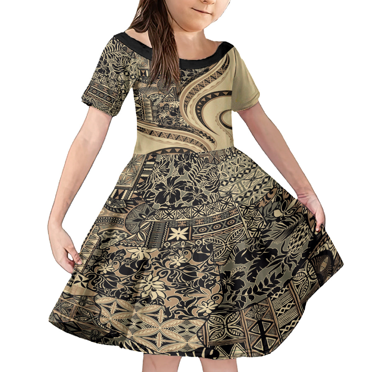 Hawaiian Hibiscus Tribal Vintage Motif Family Matching Off Shoulder Maxi Dress and Hawaiian Shirt Ver 2 LT9 Daughter's Dress Beige - Polynesian Pride