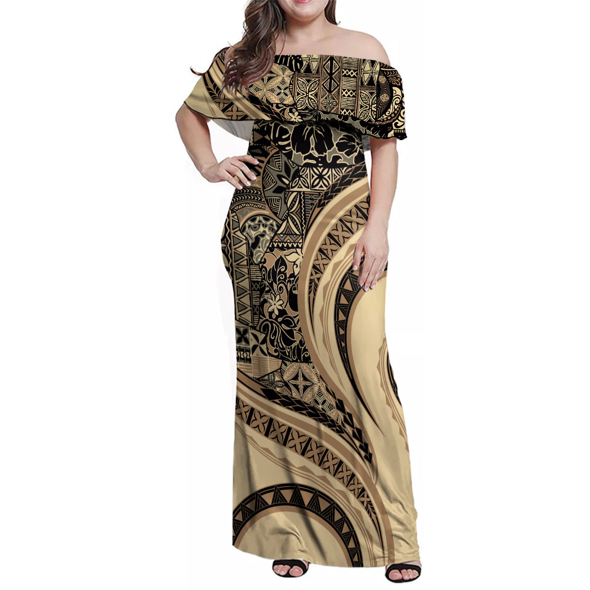 Hawaiian Hibiscus Tribal Vintage Motif Family Matching Off Shoulder Maxi Dress and Hawaiian Shirt Ver 2 LT9 Mom's Dress Beige - Polynesian Pride