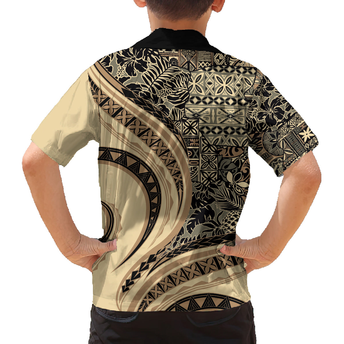Hawaiian Hibiscus Tribal Vintage Motif Family Matching Off Shoulder Short Dress and Hawaiian Shirt Ver 2 LT9 - Polynesian Pride