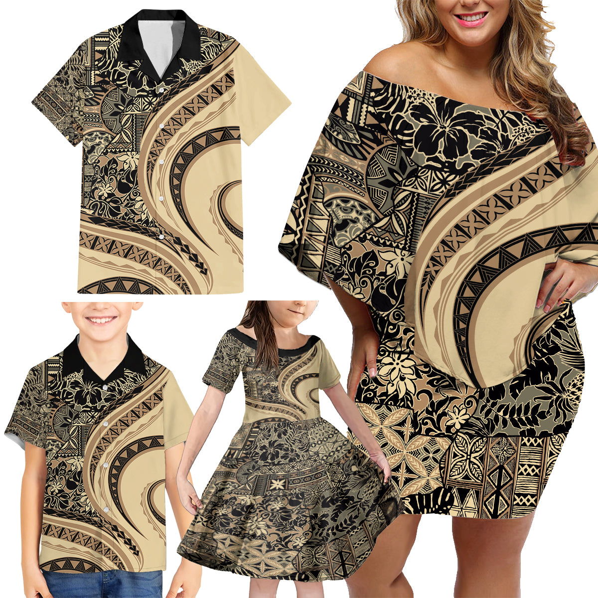 Hawaiian Hibiscus Tribal Vintage Motif Family Matching Off Shoulder Short Dress and Hawaiian Shirt Ver 2 LT9 - Polynesian Pride