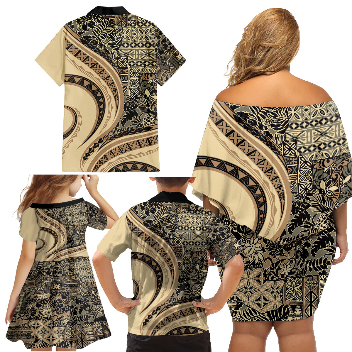 Hawaiian Hibiscus Tribal Vintage Motif Family Matching Off Shoulder Short Dress and Hawaiian Shirt Ver 2 LT9 - Polynesian Pride
