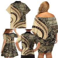 Hawaiian Hibiscus Tribal Vintage Motif Family Matching Off Shoulder Short Dress and Hawaiian Shirt Ver 2 LT9 - Polynesian Pride
