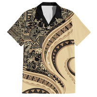 Hawaiian Hibiscus Tribal Vintage Motif Family Matching Off Shoulder Short Dress and Hawaiian Shirt Ver 2 LT9 Dad's Shirt - Short Sleeve Beige - Polynesian Pride