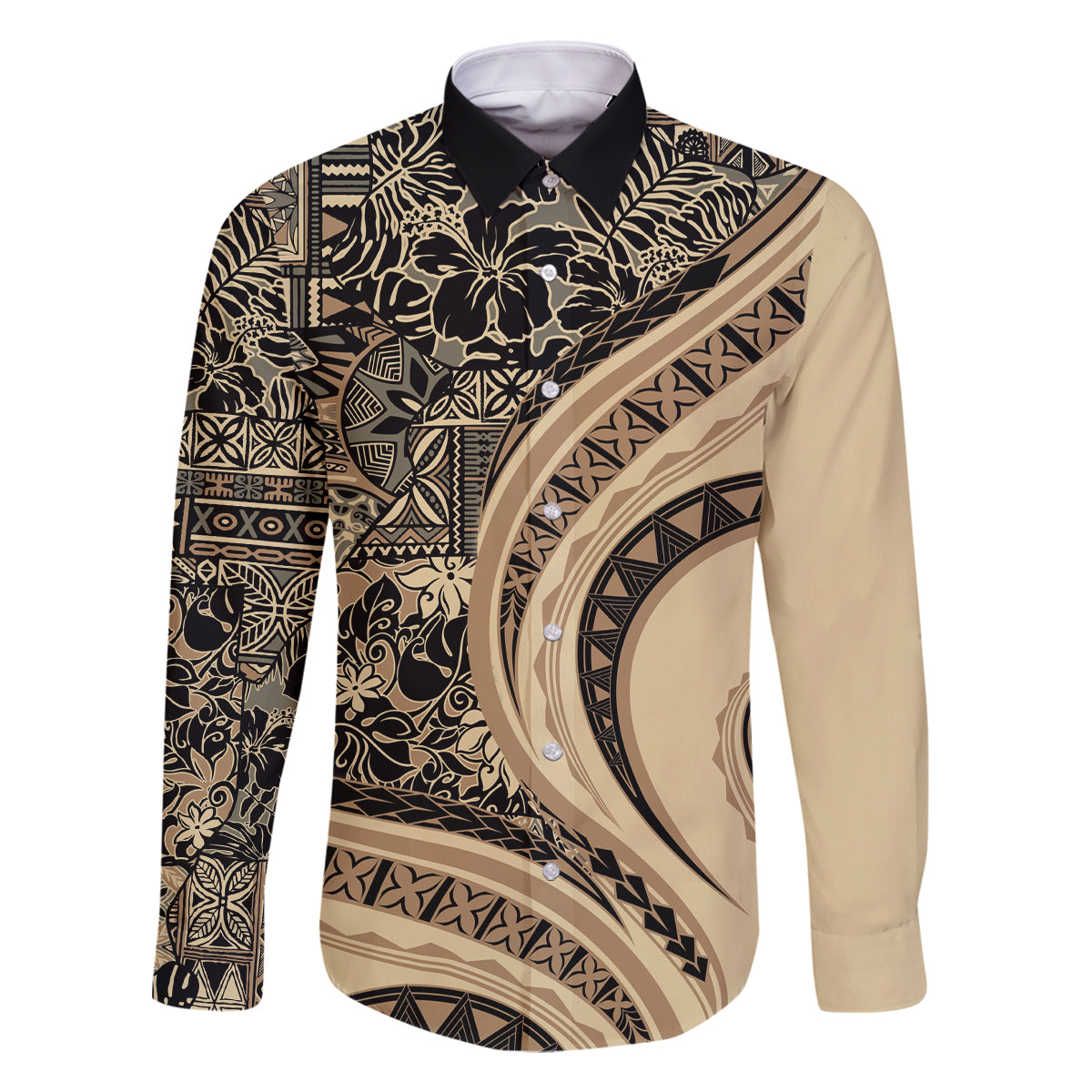 Hawaiian Hibiscus Tribal Vintage Motif Family Matching Off Shoulder Short Dress and Hawaiian Shirt Ver 2 LT9 Dad's Shirt - Long Sleeve Beige - Polynesian Pride