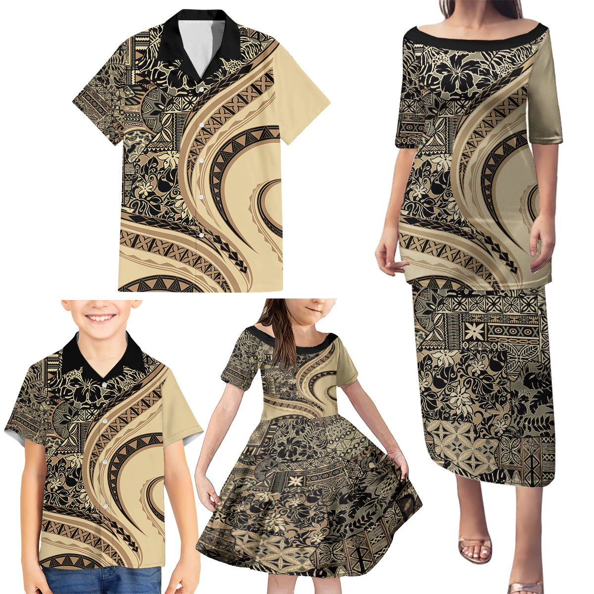 Hawaiian Hibiscus Tribal Vintage Motif Family Matching Puletasi and Hawaiian Shirt Ver 2 LT9 - Polynesian Pride