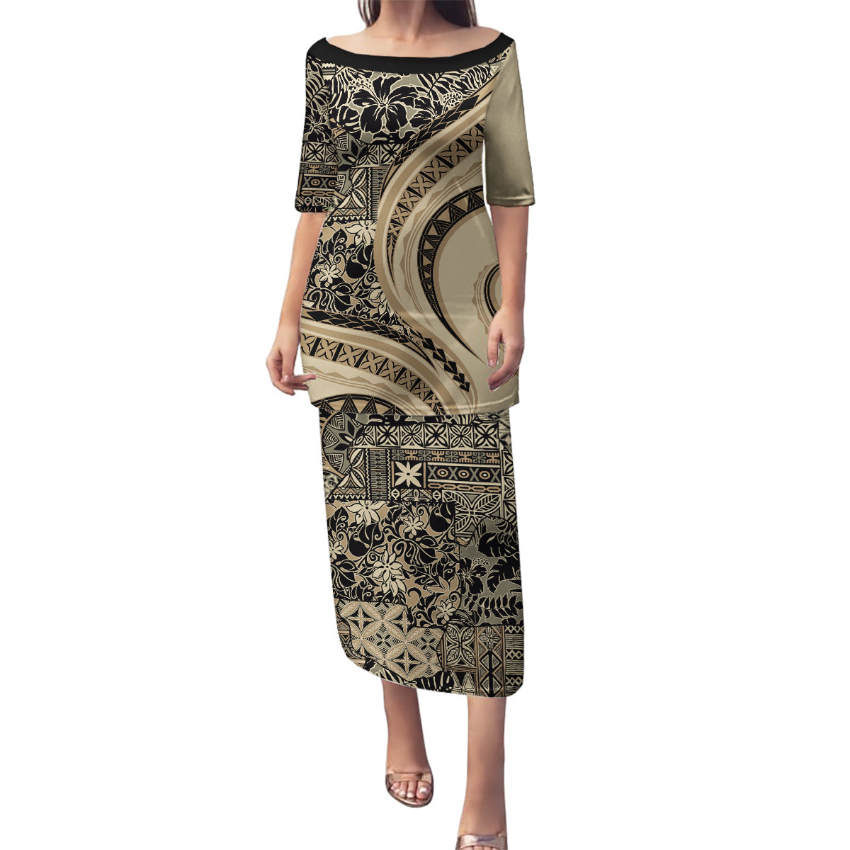 Hawaiian Hibiscus Tribal Vintage Motif Family Matching Puletasi and Hawaiian Shirt Ver 2 LT9 Mom's Dress Beige - Polynesian Pride