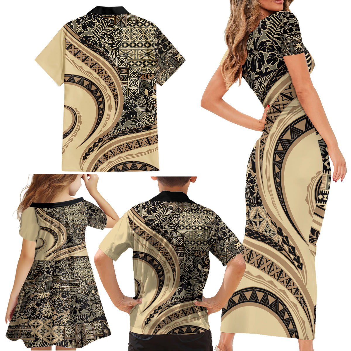 Hawaiian Hibiscus Tribal Vintage Motif Family Matching Short Sleeve Bodycon Dress and Hawaiian Shirt Ver 2 LT9 - Polynesian Pride