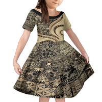 Hawaiian Hibiscus Tribal Vintage Motif Family Matching Summer Maxi Dress and Hawaiian Shirt Ver 2 LT9 Daughter's Dress Beige - Polynesian Pride