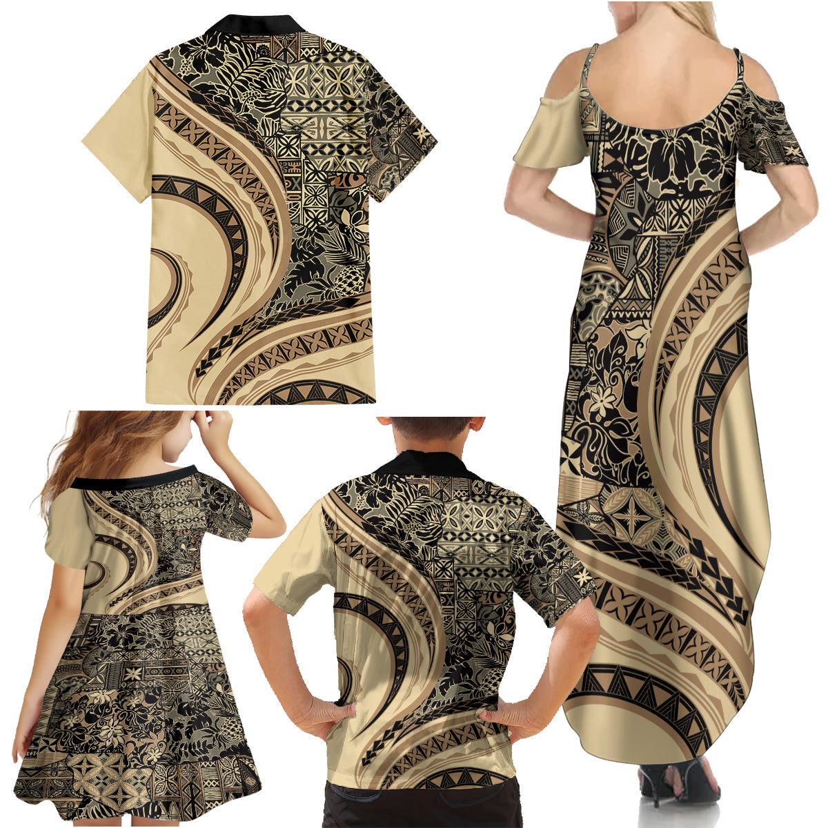 Hawaiian Hibiscus Tribal Vintage Motif Family Matching Summer Maxi Dress and Hawaiian Shirt Ver 2 LT9 - Polynesian Pride