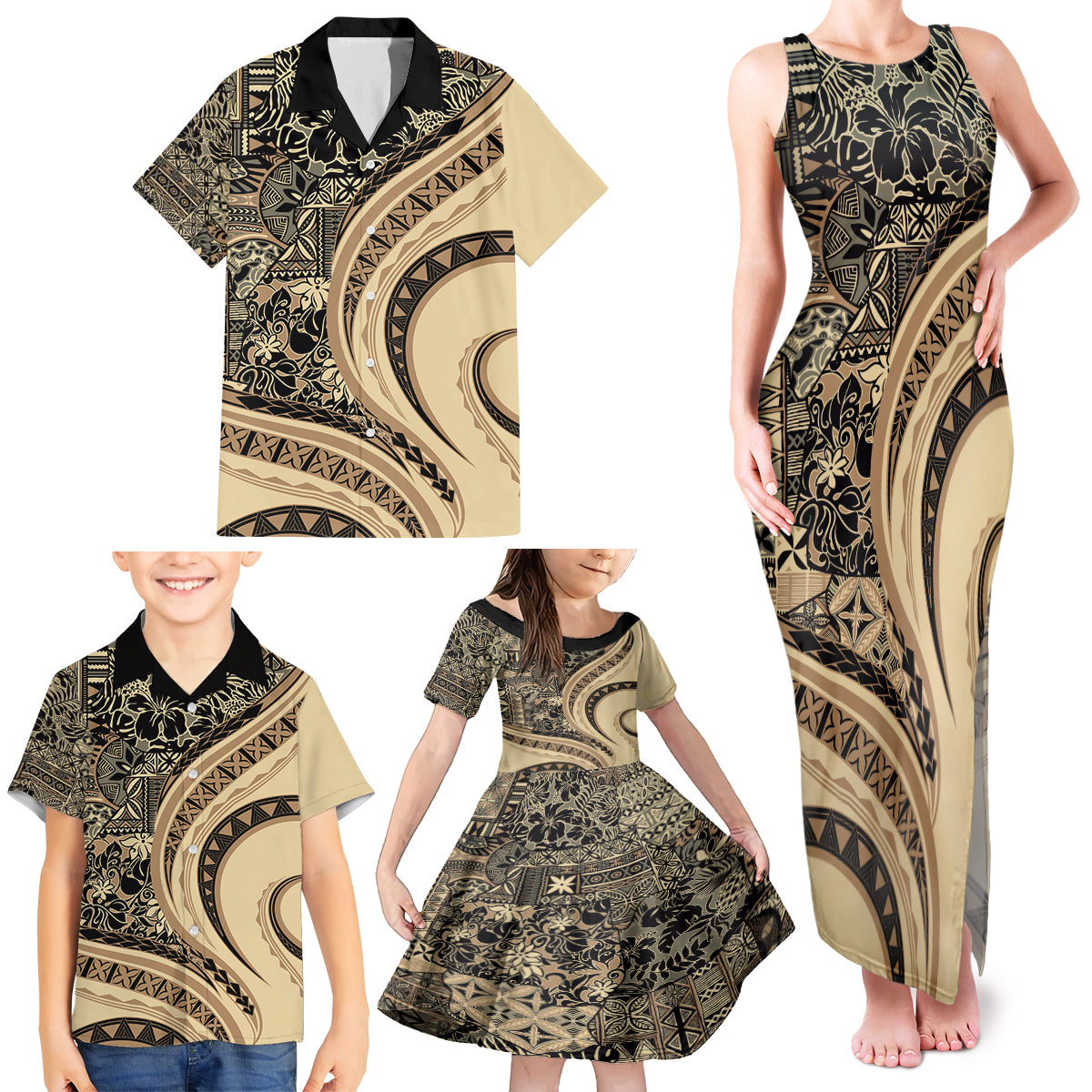 Hawaiian Hibiscus Tribal Vintage Motif Family Matching Tank Maxi Dress and Hawaiian Shirt Ver 2 LT9 - Polynesian Pride