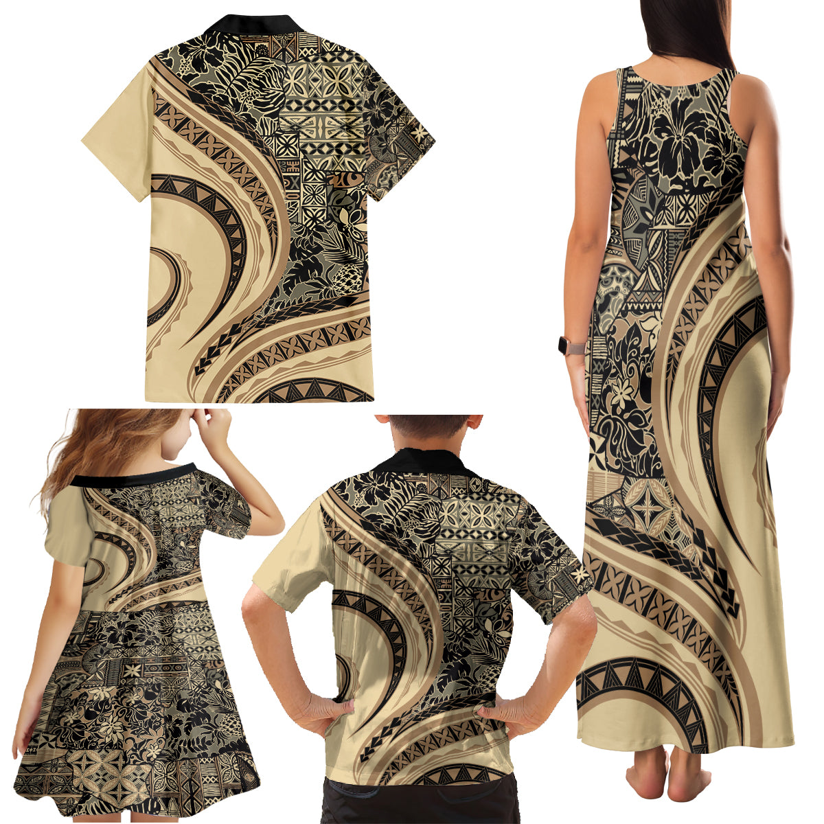 Hawaiian Hibiscus Tribal Vintage Motif Family Matching Tank Maxi Dress and Hawaiian Shirt Ver 2 LT9 - Polynesian Pride