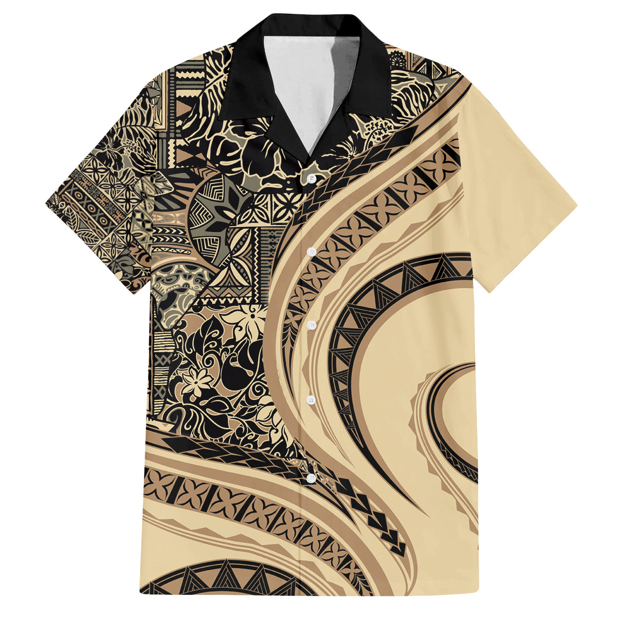 Hawaiian Hibiscus Tribal Vintage Motif Family Matching Tank Maxi Dress and Hawaiian Shirt Ver 2 LT9 Dad's Shirt - Short Sleeve Beige - Polynesian Pride