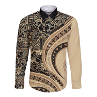 Hawaiian Hibiscus Tribal Vintage Motif Long Sleeve Button Shirt Ver 2 LT9 Unisex Beige - Polynesian Pride