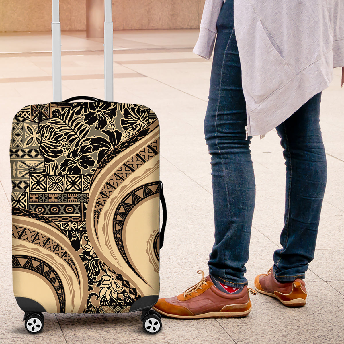 Hawaiian Hibiscus Tribal Vintage Motif Luggage Cover Ver 2 LT9 Beige - Polynesian Pride