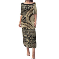 Hawaiian Hibiscus Tribal Vintage Motif Puletasi Ver 2 LT9 Long Dress Beige - Polynesian Pride