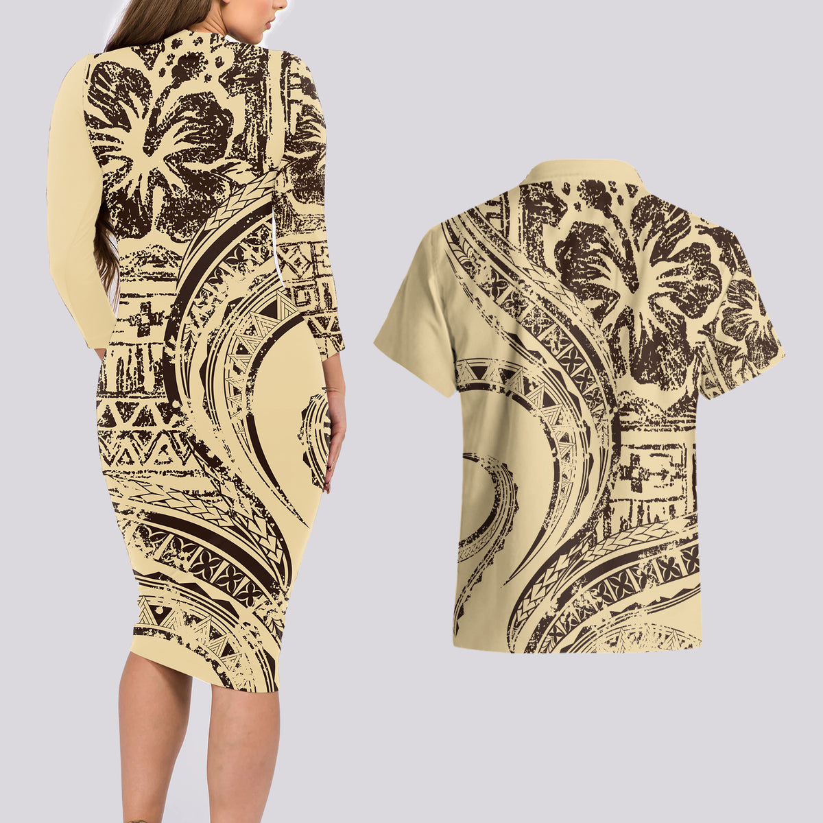 Hawaiian Hibiscus Tribal Vintage Motif Couples Matching Long Sleeve Bodycon Dress and Hawaiian Shirt Ver 3 LT9 - Polynesian Pride