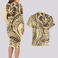Hawaiian Hibiscus Tribal Vintage Motif Couples Matching Long Sleeve Bodycon Dress and Hawaiian Shirt Ver 3 LT9 - Polynesian Pride