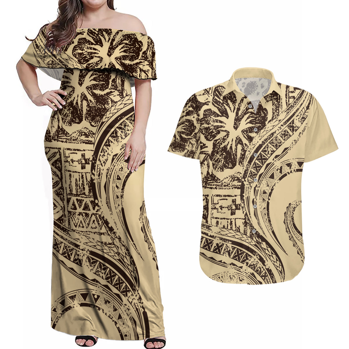 Hawaiian Hibiscus Tribal Vintage Motif Couples Matching Off Shoulder Maxi Dress and Hawaiian Shirt Ver 3 LT9 Beige - Polynesian Pride