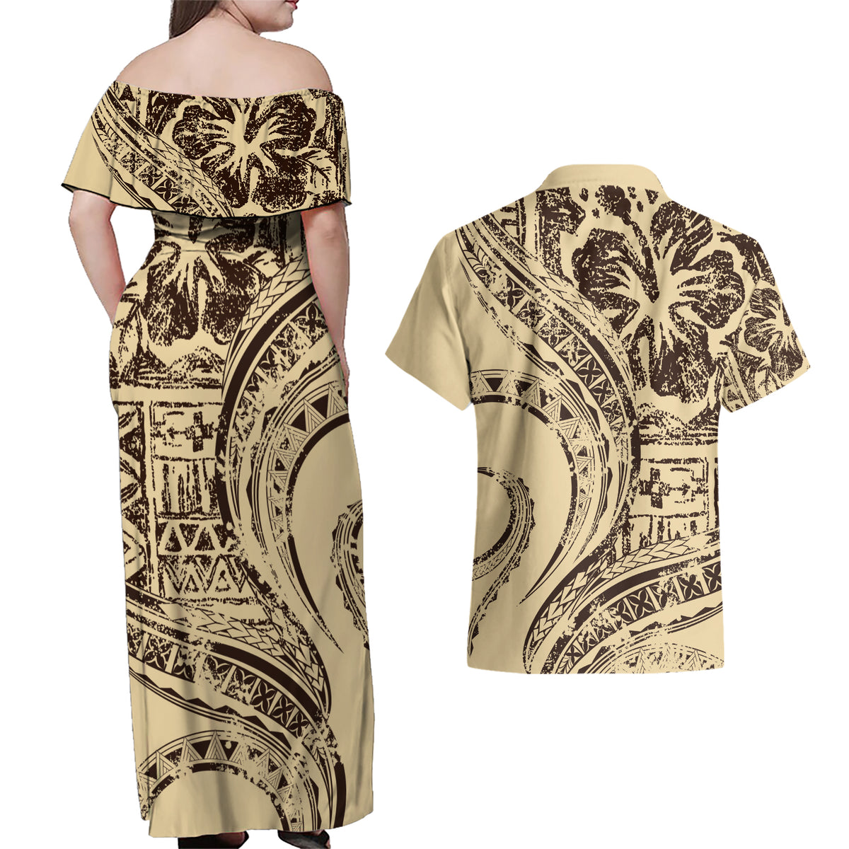 Hawaiian Hibiscus Tribal Vintage Motif Couples Matching Off Shoulder Maxi Dress and Hawaiian Shirt Ver 3 LT9 - Polynesian Pride