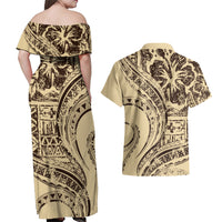 Hawaiian Hibiscus Tribal Vintage Motif Couples Matching Off Shoulder Maxi Dress and Hawaiian Shirt Ver 3 LT9 - Polynesian Pride