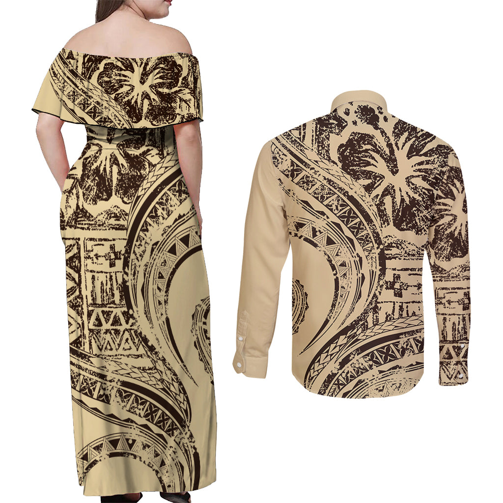 Hawaiian Hibiscus Tribal Vintage Motif Couples Matching Off Shoulder Maxi Dress and Long Sleeve Button Shirt Ver 3