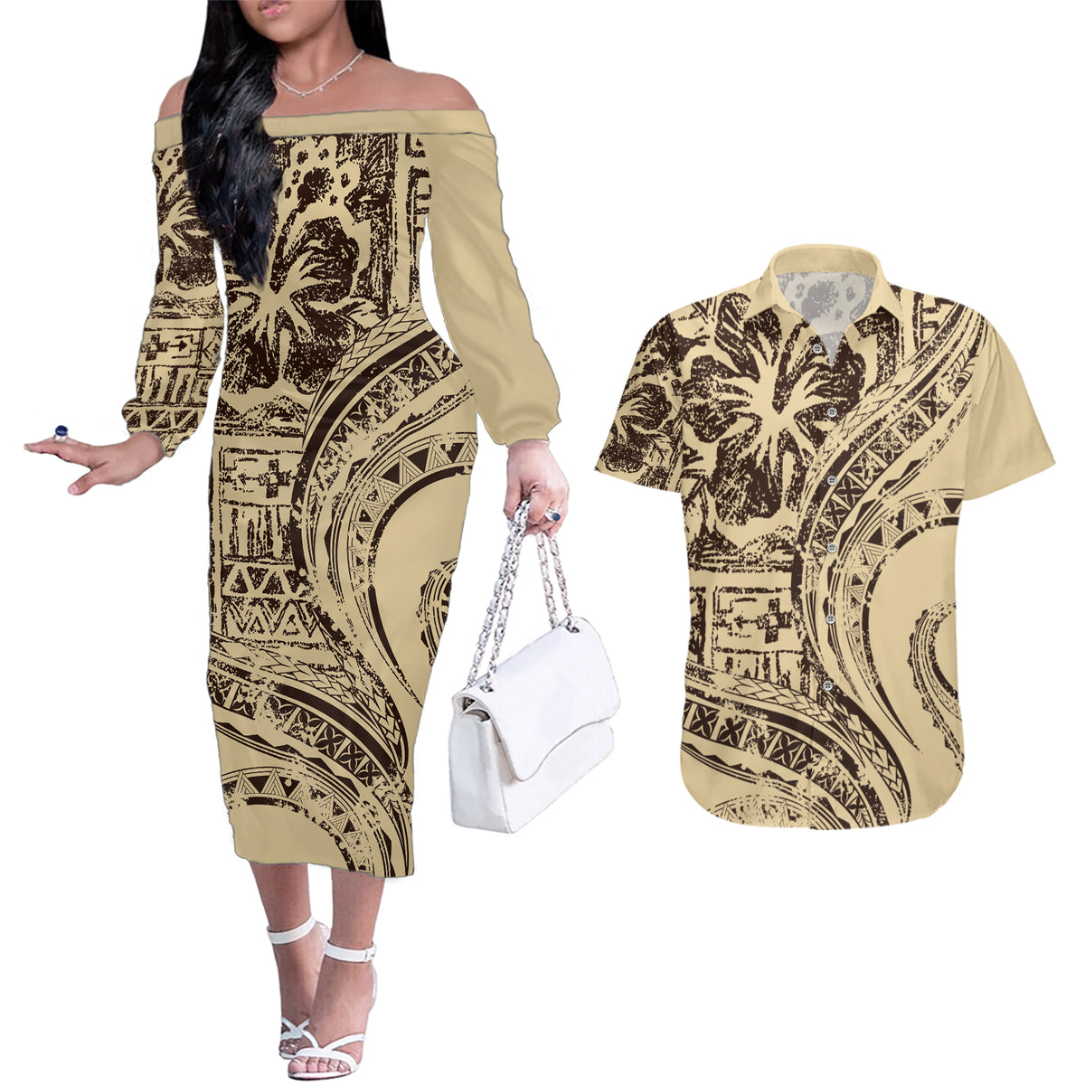 Hawaiian Hibiscus Tribal Vintage Motif Couples Matching Off The Shoulder Long Sleeve Dress and Hawaiian Shirt Ver 3 LT9 Beige - Polynesian Pride