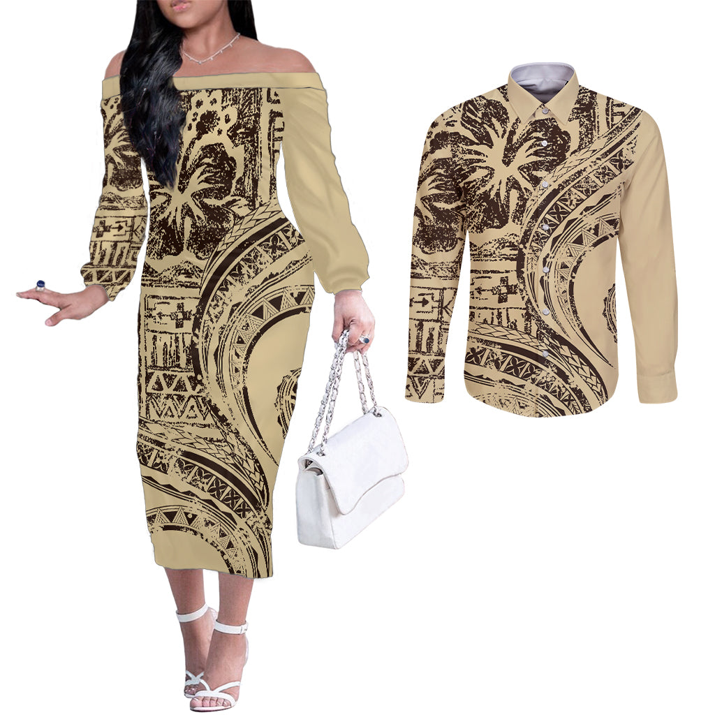 Hawaiian Hibiscus Tribal Vintage Motif Couples Matching Off The Shoulder Long Sleeve Dress and Long Sleeve Button Shirt Ver 3 LT9 Beige - Polynesian Pride