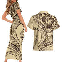 Hawaiian Hibiscus Tribal Vintage Motif Couples Matching Short Sleeve Bodycon Dress and Hawaiian Shirt Ver 3 LT9 - Polynesian Pride