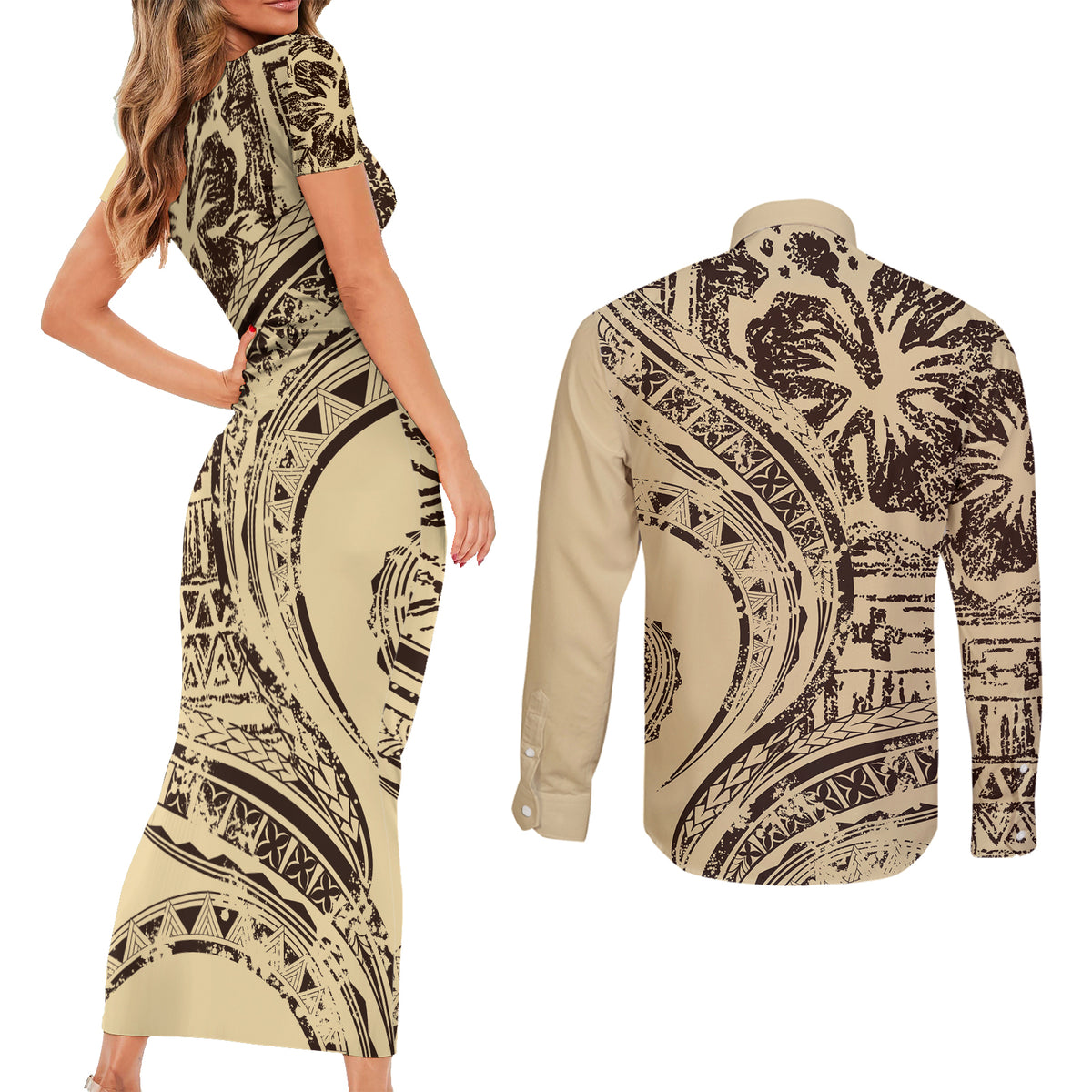 Hawaiian Hibiscus Tribal Vintage Motif Couples Matching Short Sleeve Bodycon Dress and Long Sleeve Button Shirt Ver 3 LT9 - Polynesian Pride