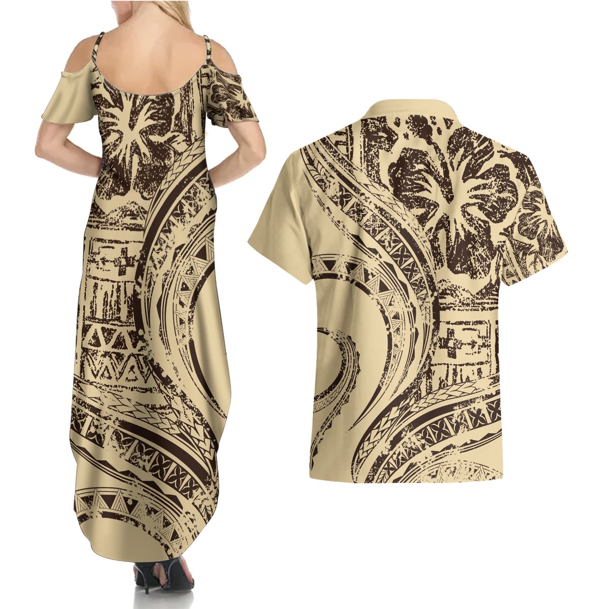 Hawaiian Hibiscus Tribal Vintage Motif Couples Matching Summer Maxi Dress and Hawaiian Shirt Ver 3 LT9 - Polynesian Pride