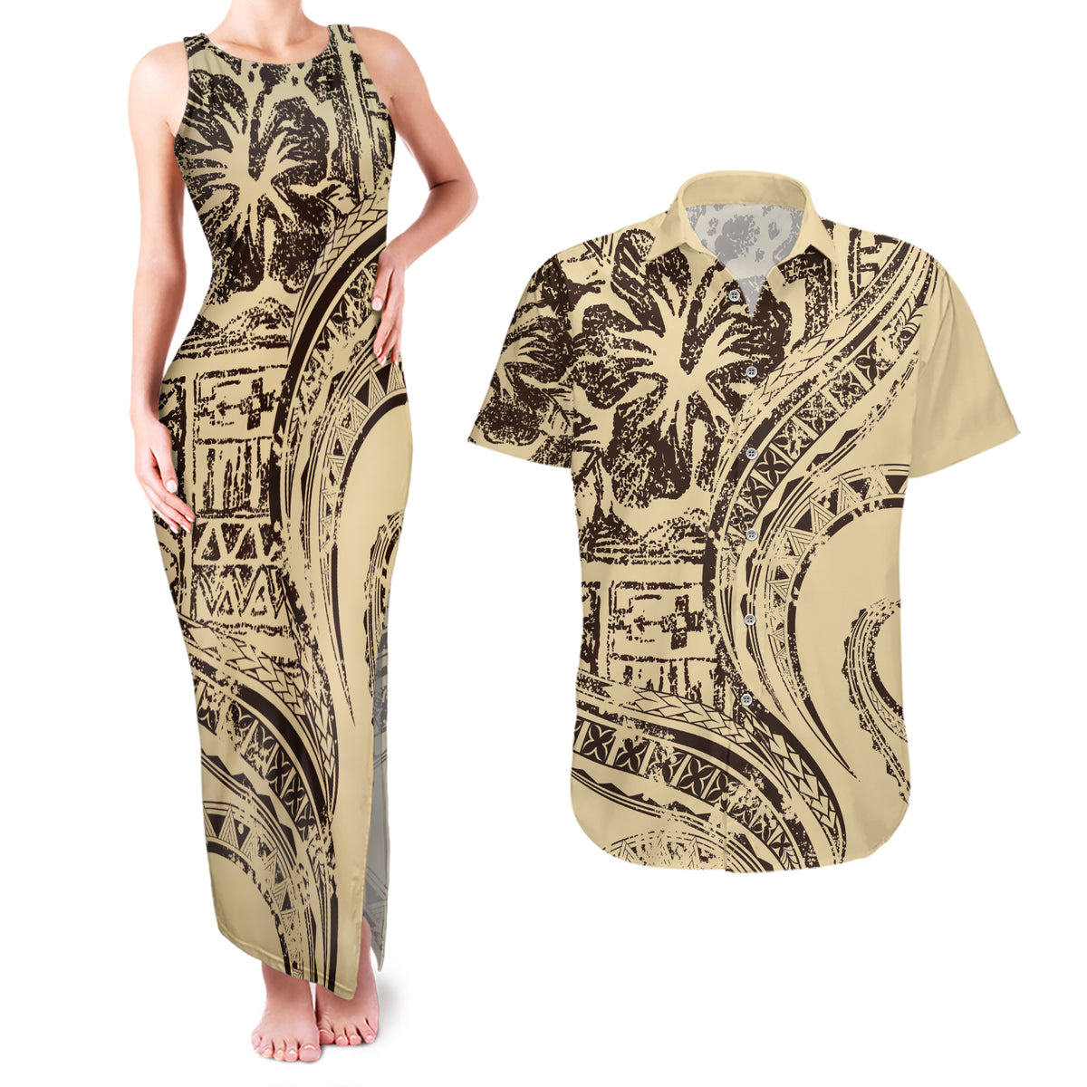 Hawaiian Hibiscus Tribal Vintage Motif Couples Matching Tank Maxi Dress and Hawaiian Shirt Ver 3 LT9 Beige - Polynesian Pride