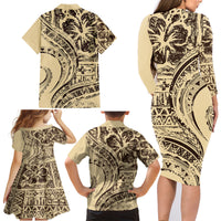 Hawaiian Hibiscus Tribal Vintage Motif Family Matching Long Sleeve Bodycon Dress and Hawaiian Shirt Ver 3 LT9 - Polynesian Pride
