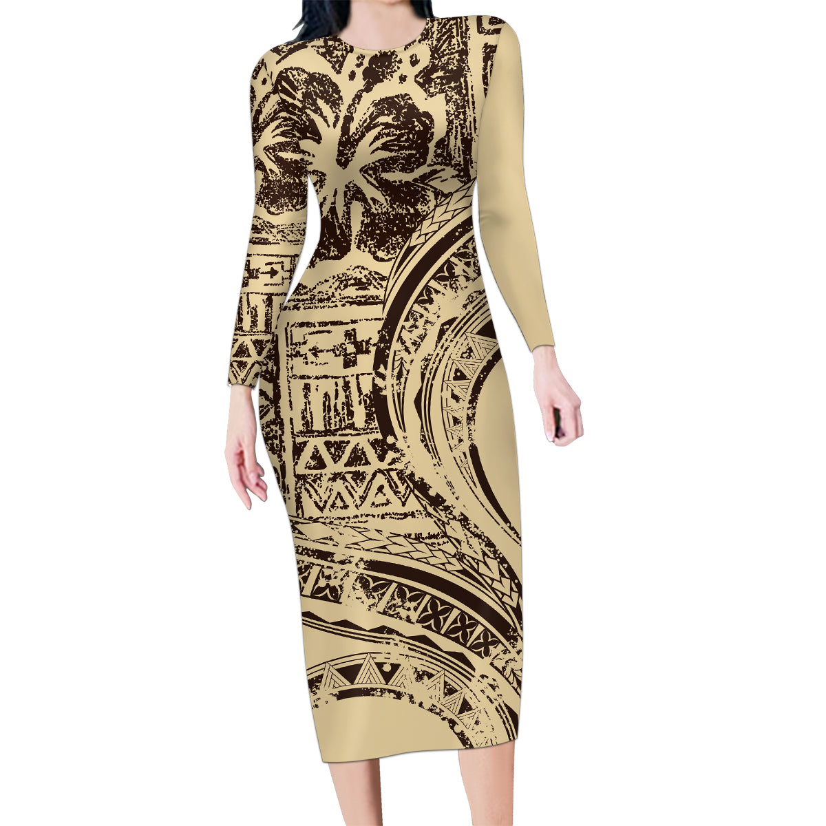 Hawaiian Hibiscus Tribal Vintage Motif Family Matching Long Sleeve Bodycon Dress and Hawaiian Shirt Ver 3 LT9 Mom's Dress Beige - Polynesian Pride