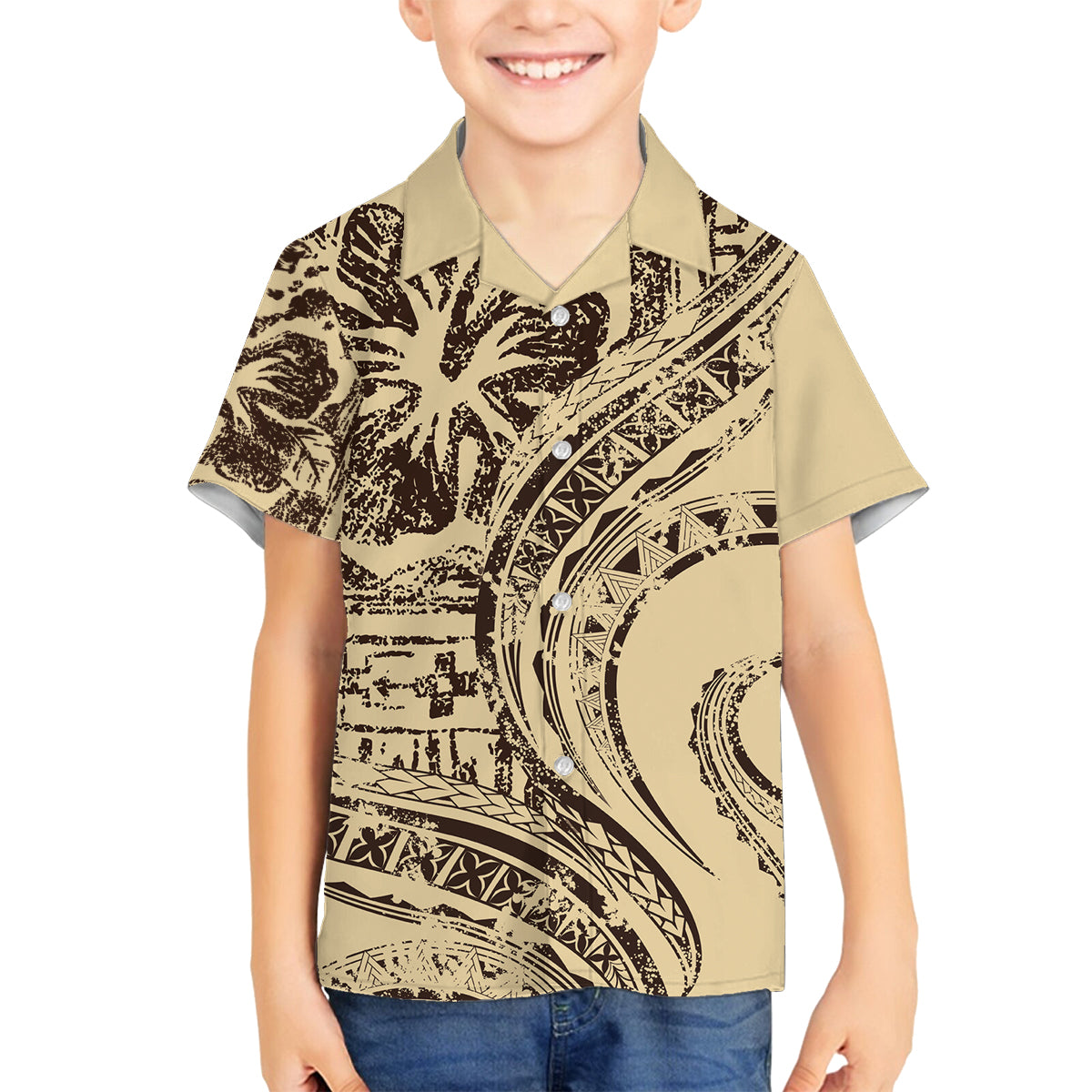 Hawaiian Hibiscus Tribal Vintage Motif Family Matching Long Sleeve Bodycon Dress and Hawaiian Shirt Ver 3 LT9 Son's Shirt Beige - Polynesian Pride